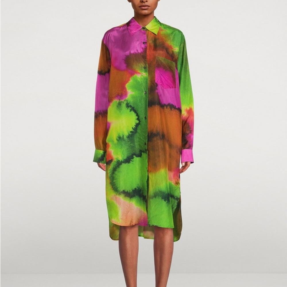 Dries Van Noten (M) Dayley Silk Watercolor Shirt Dress Abstract Print